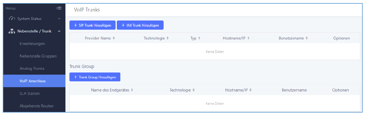 Screenshot Übersicht der VoIP Anschlüsse