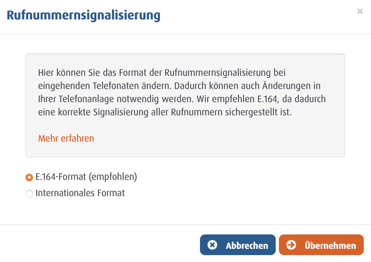 Screenshot der Einstellungen für Eingehende Rufnummernsignalisierung