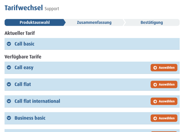 screenshot Tarifwechsel - Produktauswahl