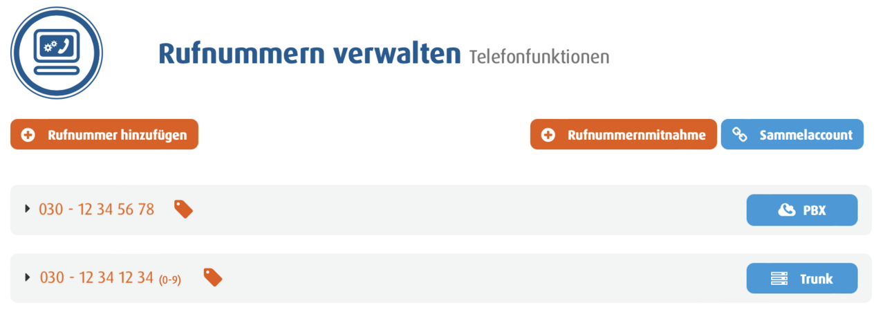 screenshot Rufnummern verwalten