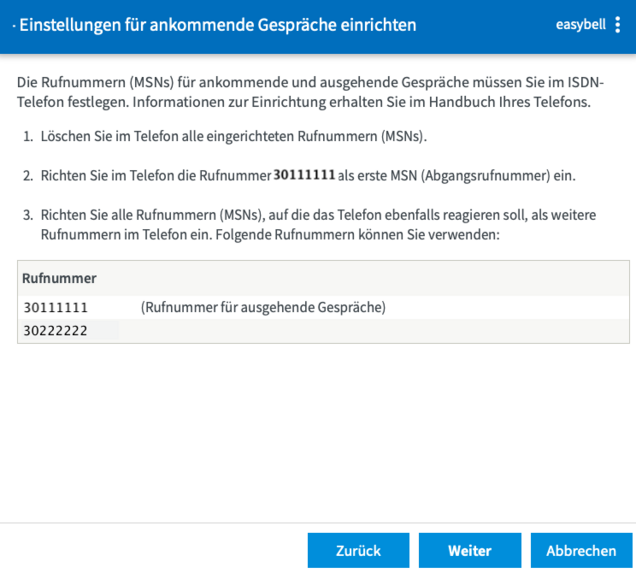 screenshot Fritz - Einstellungen für ankommende Gespräche einrichten