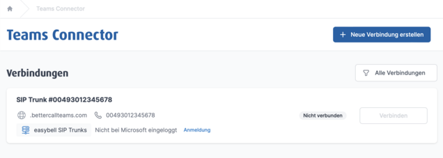 Screenshot der Teams Connector Verbindungen im Überblick