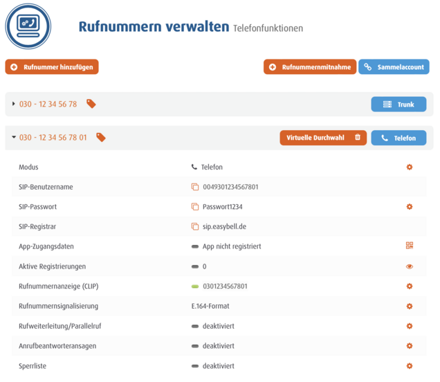 screenshot Rufnummern verwalten