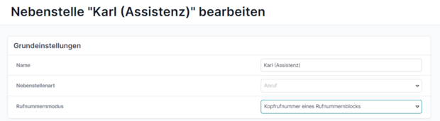 Um die Grundeinstellungen Ihrer Nebenstelle anzugeben, wird eine Name, die Nebenstellenart und einem Rufnummernmodus verehen werden.