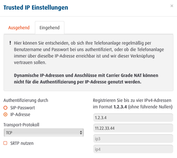 Screenshot Trusted IP bei eingehenden Verbindungen