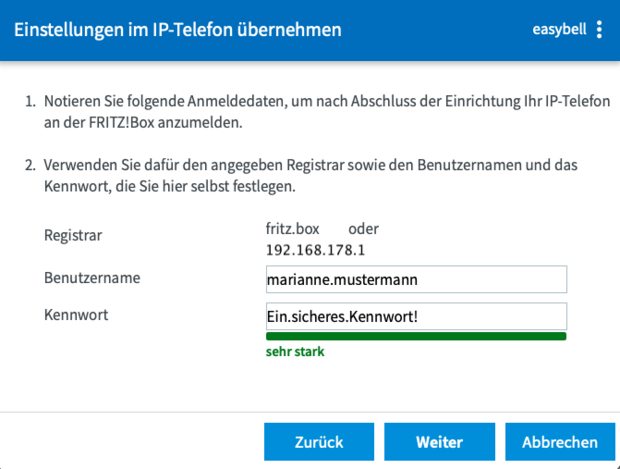 screenshot Fritz - Einstellungen im IP-Telefon übernehmen