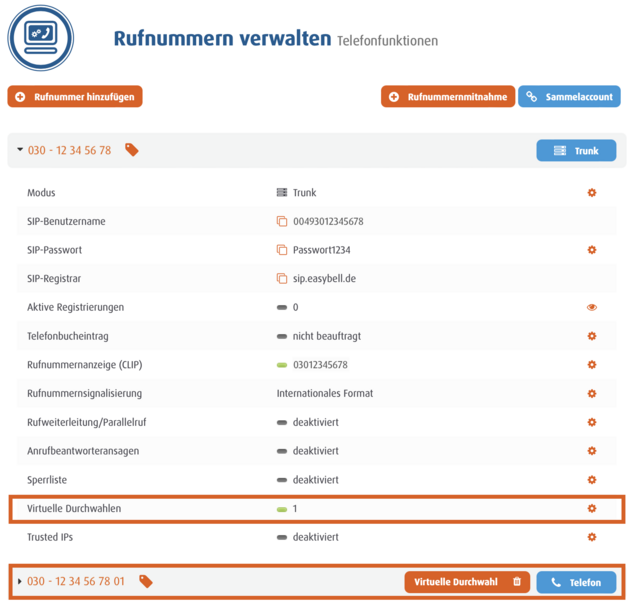 screenshot Rufnummern verwalten