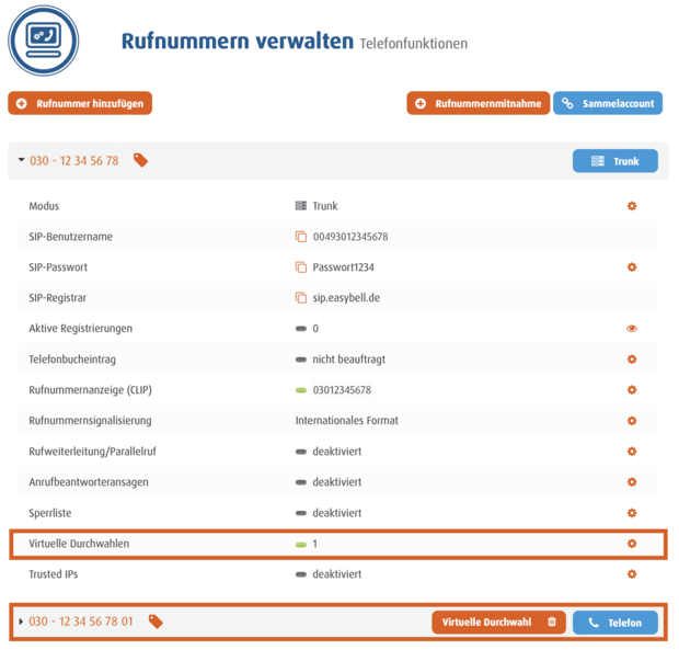 screenshot Rufnummern verwalten