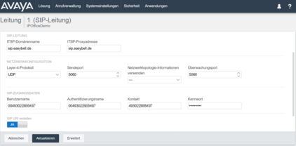 Screenshot der SIP-Leitung-Einstellungen