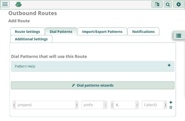 Screenshot freePBX-Einrichtung. Add Outbound Dial Pattern