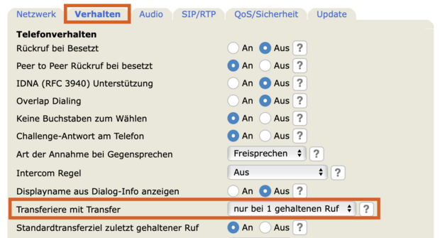 Screenshot der erweiterten Einstellungen - Telefonverhalten