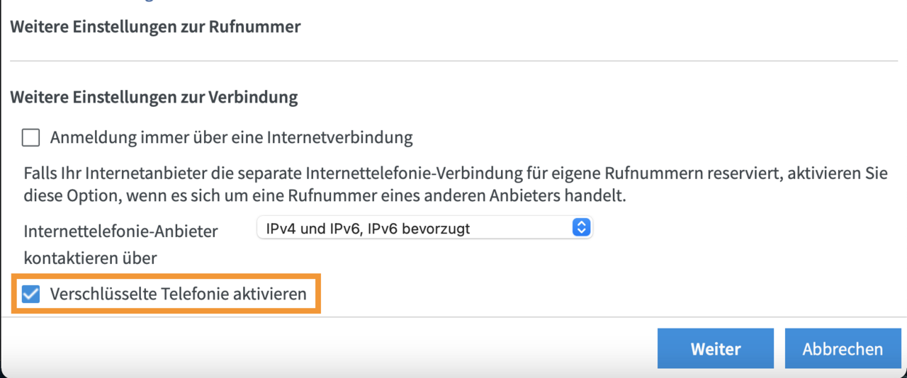 Screenshot einzelne Rufnummer verschlüsseln