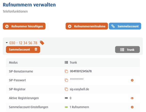 Screenshot der Rufnummernverwaltung mit Sammelaccount