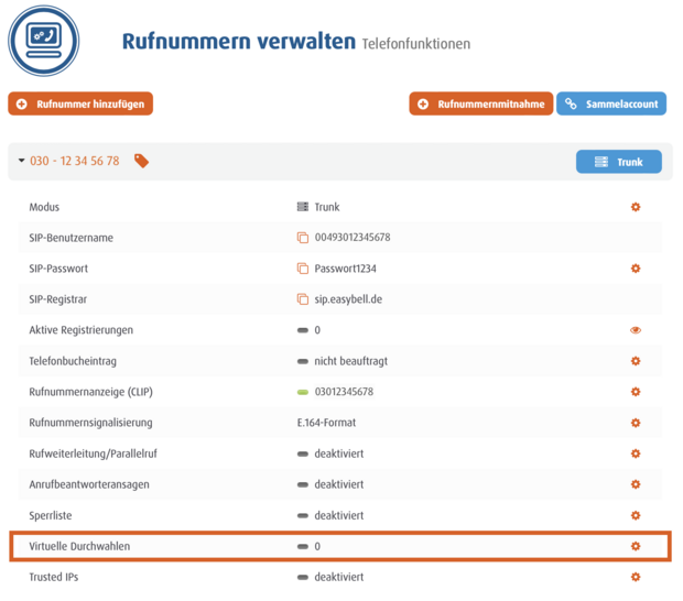 screenshot Rufnummern verwalten - Virtuelle Durchwahlen