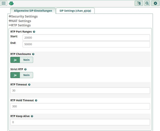 Screenshot freePBX-Menü RTP-Settings