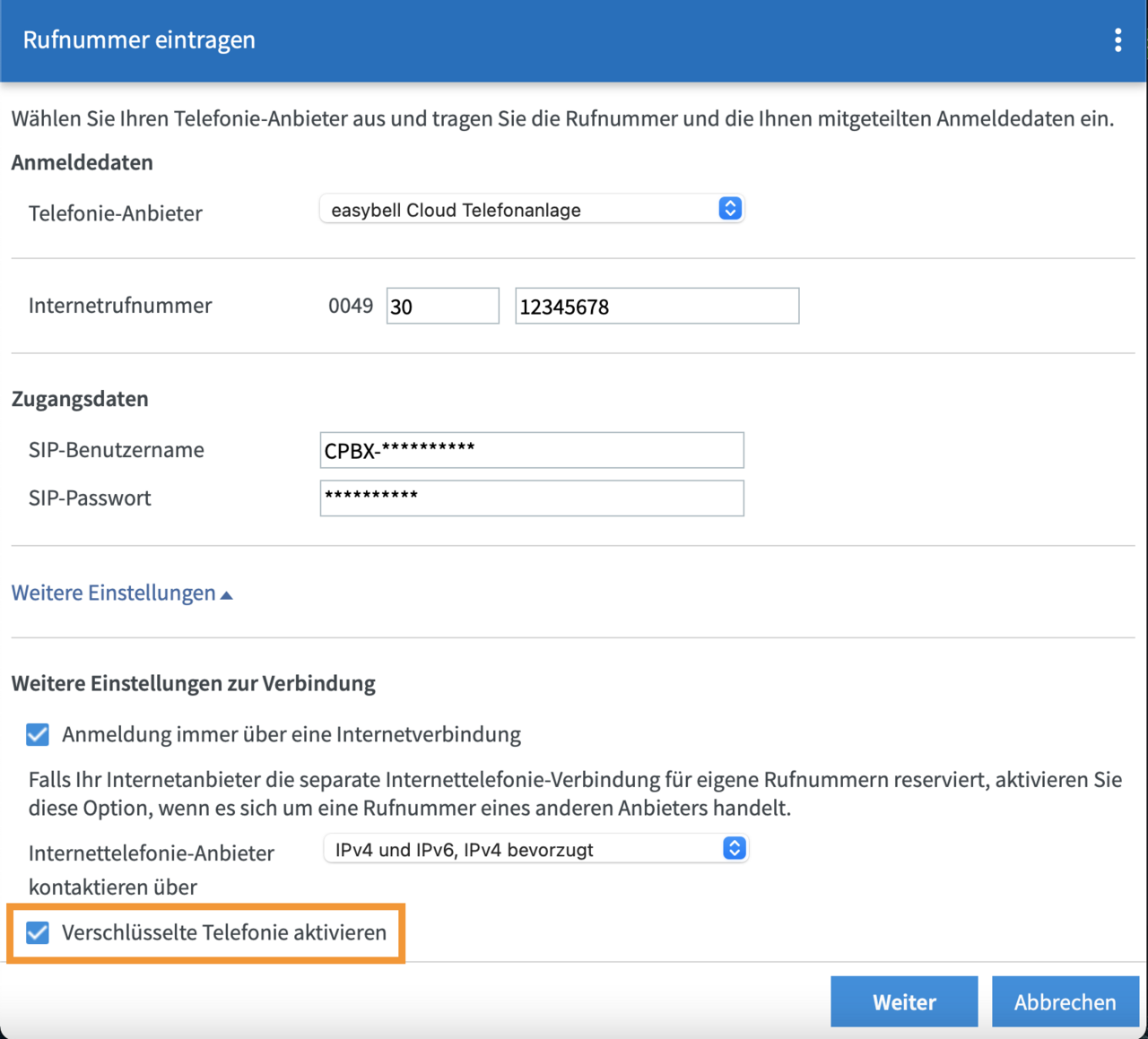 Screenshot Rufnummer einrichten mit Cloud Telefonanlage