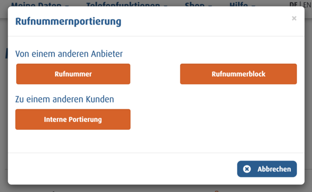 screenshot Rufnummernportierung