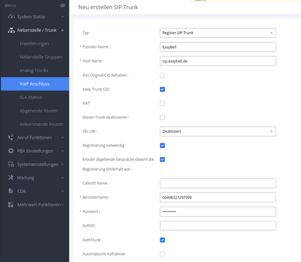 Screenshot Grandstream SIP Trunk Einstellungen