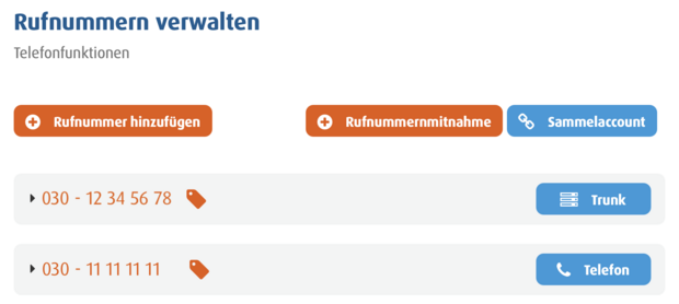 Screenshot der Rufnummernverwaltung