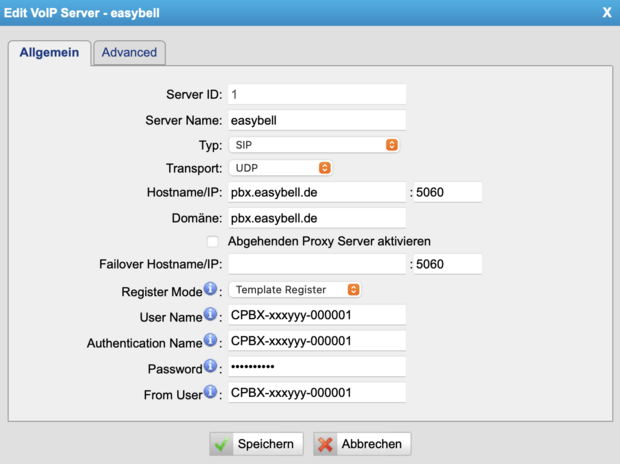 SIP-Zugangsdaten eintragen (PBX) Screenshot SIP-Zugangsdaten eintragen (PBX)