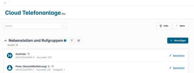 Auf der Übersichtsseite der CTA haben Sie die Möglichkeit, all Ihre Nebenstellen und Rufgruppen zu verwalten und zu bearbeiten.
