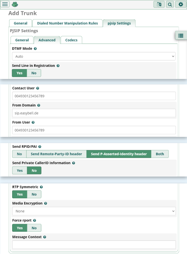 Screenshot freePBX-Einrichtung. Add Trunk, Advanced pjsip-settings