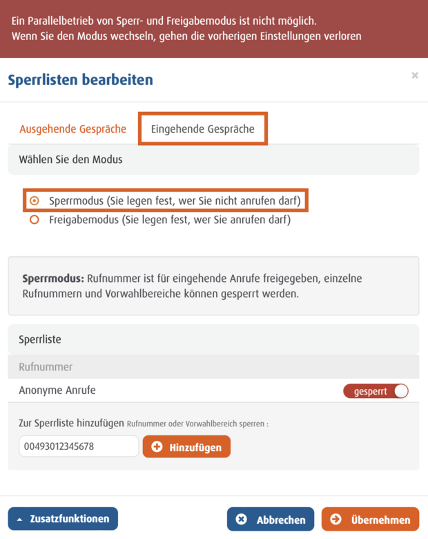 screenshot Sperrlisten bearbeiten 