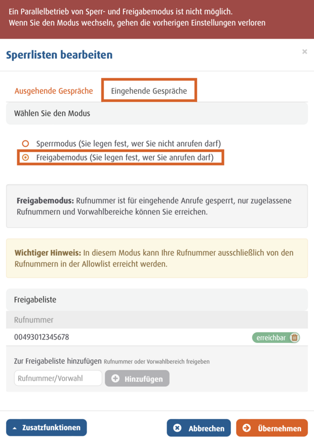 screenshot Sperrlisten bearbeiten - Freigabemodus