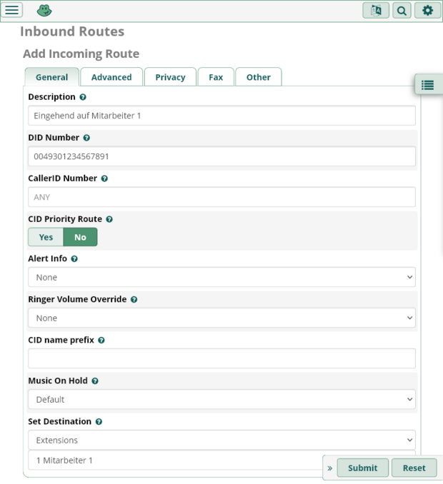 Screenshot freePBX-Einrichtung. Add Incoming Route