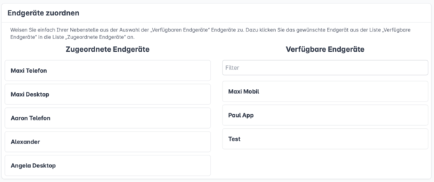 Geben Sie durch einfachen Rechtsklick, die Endgeräte an, die Ihrer Nebenstelle zugeordnet werden sollen.